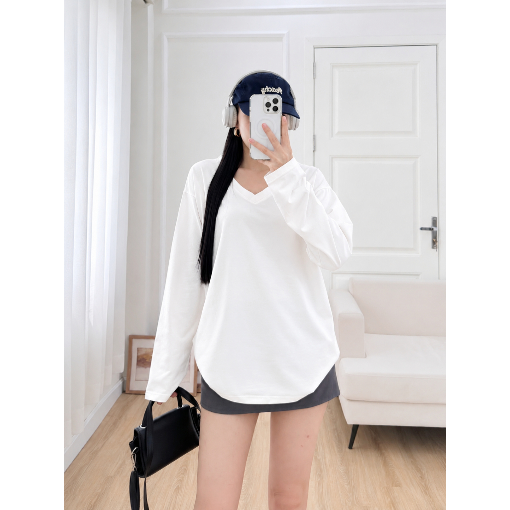 ÁO TAY DÀI CỔ TIM CHỮ ADVENTURESS FORM RỘNG CHẤT COTTON ĐƠN GIẢN DỄ PHỐI ĐỒ XINH ĐẸP OVESIZE<72KG