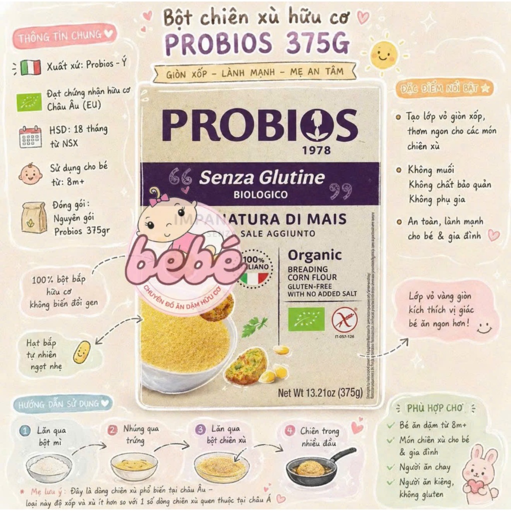 (Date 3/2027) Bột chiên xù Probios hữu cơ 375g cho bé ăn dặm - Không gluten, không phụ gia