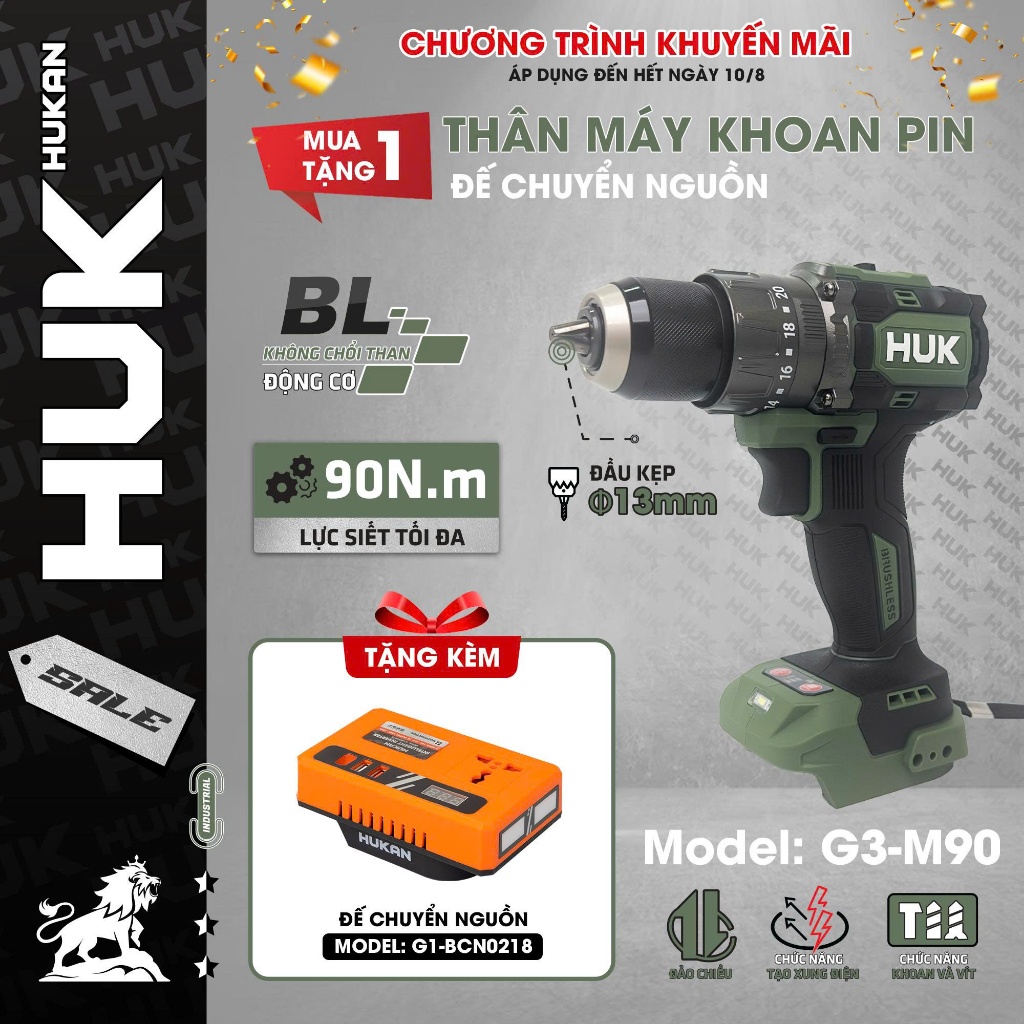 Thân Máy Khoan Pin 3 Chức Năng HUKAN G3-M90 | 13mm, Lực Siết 90N.m, Động Cơ Không Chổi Than, Tốc Độ 2000RPM