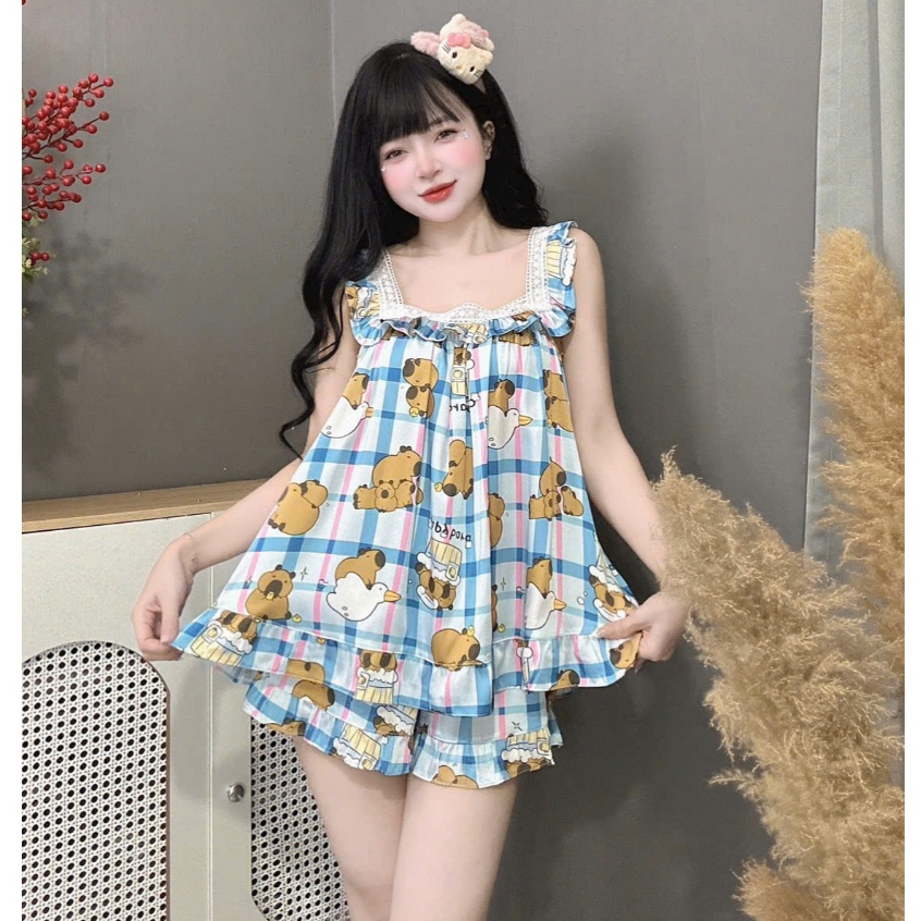 Đồ ngủ dễ thương,đồ ngủ lụa lạnh cao cấp,bộ tiểu thư,đồ bộ nữ đồ mặc nhà cánh tiên quần đùi cute[05]