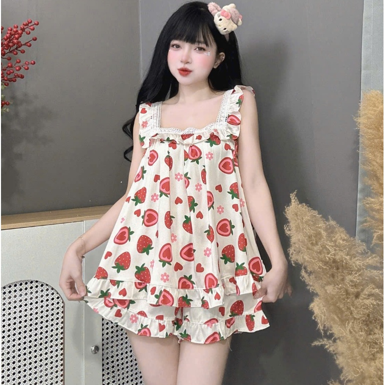 Đồ ngủ dễ thương,đồ ngủ lụa lạnh cao cấp,bộ tiểu thư,đồ bộ nữ đồ mặc nhà cánh tiên quần đùi cute[05]