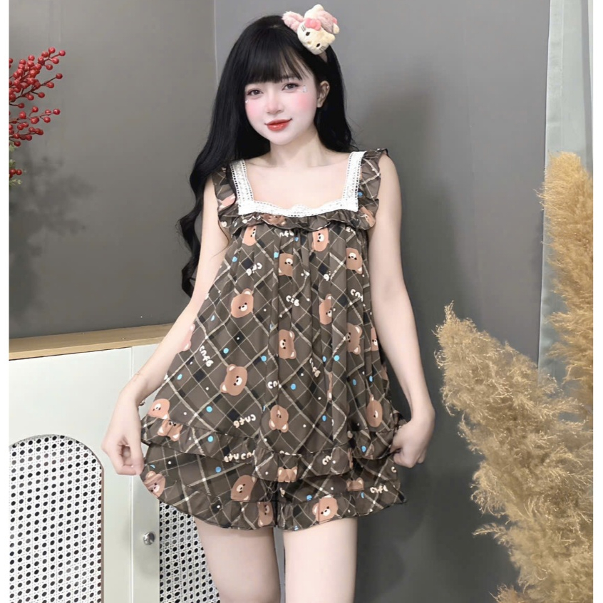 Đồ ngủ dễ thương,đồ ngủ lụa lạnh cao cấp,bộ tiểu thư,đồ bộ nữ đồ mặc nhà cánh tiên quần đùi cute[05]