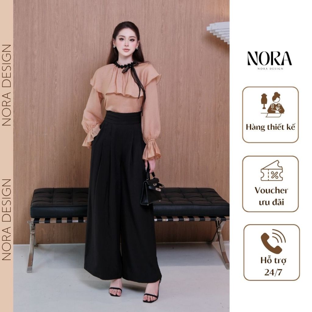 Set Quần Áo Công Sở NORA, Áo Tơ Hàn Cổ Ren Thắt Nơ, Quần Ống Rộng Chất Trượt Nhật Thanh Lịch S1085