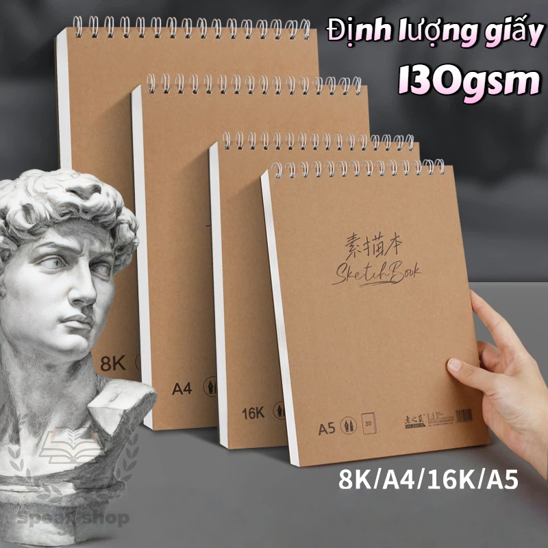 Sổ vẽ Sketchbook 130gsm – Giấy vàng kem chống thấm, không lem – Lò xo lật trên A4/A5/8K Dùng cho chì màu, marker
