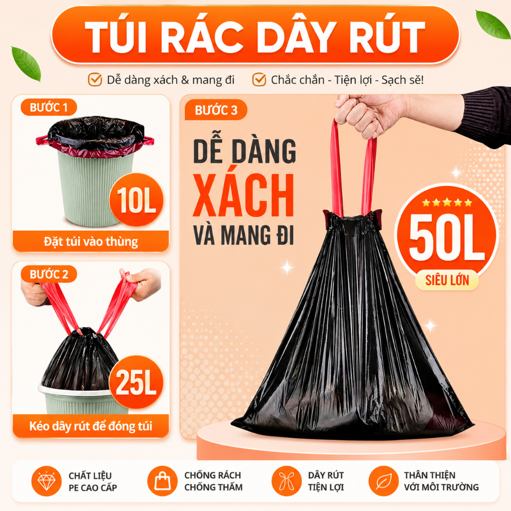 Túi Đựng Rác Tự Phân Huỷ Có Dây Rút 10 lít,25 lít, 50 lít  Chính Hãng vipaco
