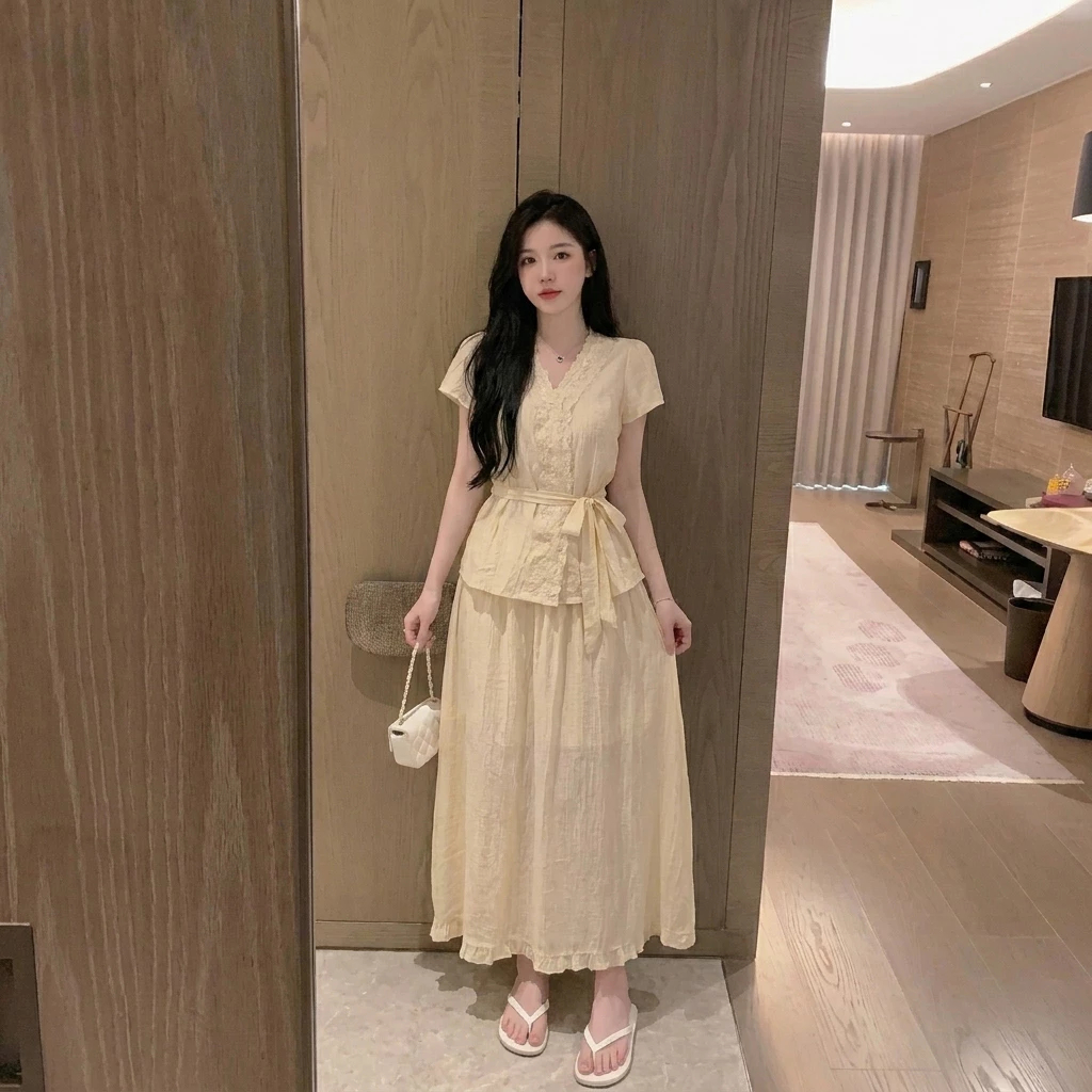 Váy đầm dáng dài chấm bi cổ V phối ren tinh tế đầm midi chữ A tôn dáng phong cách Hàn Quốc HCOM27141