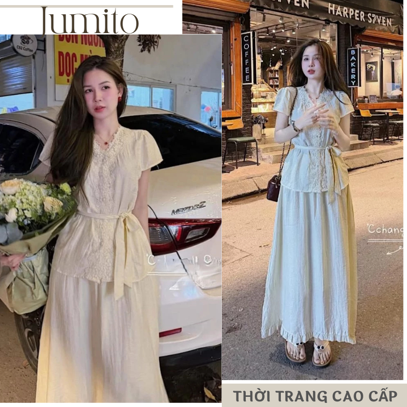 Váy đầm dáng dài chấm bi cổ V phối ren tinh tế đầm midi chữ A tôn dáng phong cách Hàn Quốc HCOM27141
