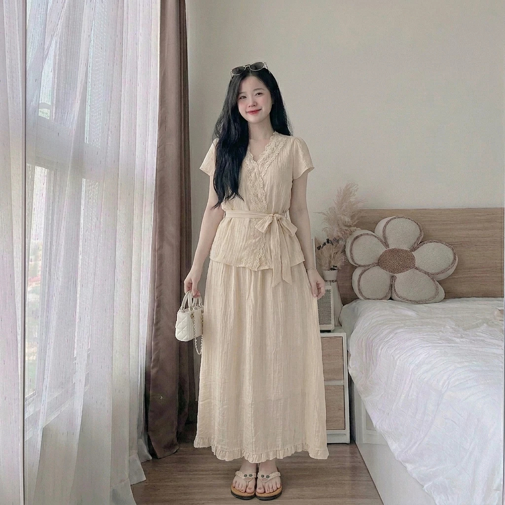 Váy đầm dáng dài chấm bi cổ V phối ren tinh tế đầm midi chữ A tôn dáng phong cách Hàn Quốc HCOM27141