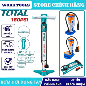 Bơm hơi TOTAL dùng tay mini và đạp chân có đồng hồ đo áp suất cao DN2