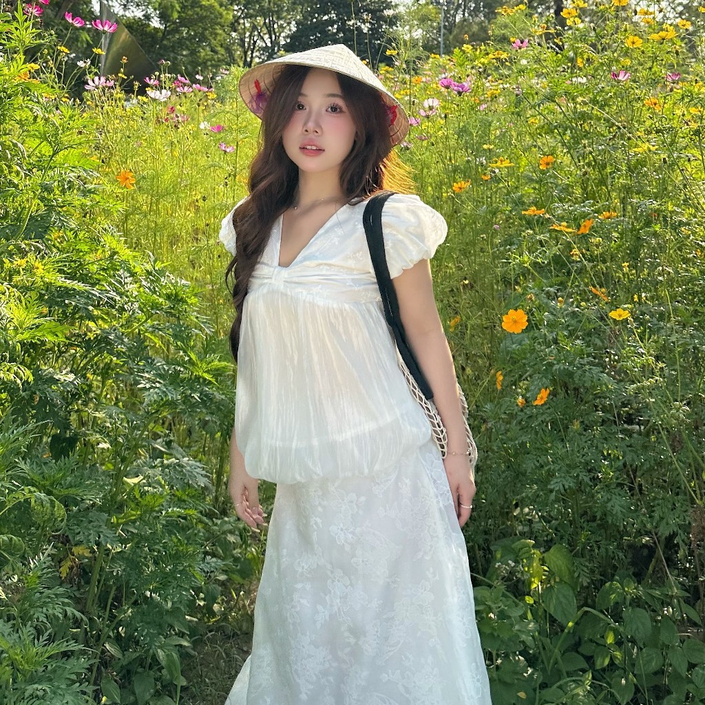 Áo babydoll DOLLIE top tay bồng cổ tim dáng bí ngô Áo babydoll thô boi phối tơ