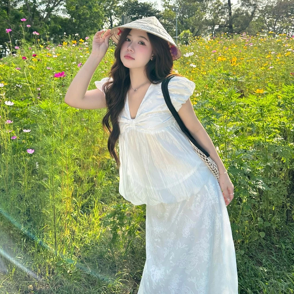 Áo babydoll DOLLIE top tay bồng cổ tim dáng bí ngô Áo babydoll thô boi phối tơ
