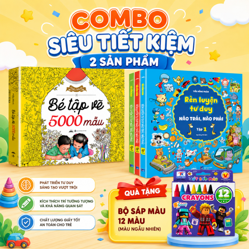 [TẶNG SÁP MÀU VẼ] Bộ Sách: Cuốn Bé Tập Vẽ 5000 Mẫu & Combo 3 Cuốn Rèn Luyện Tư Duy Não Trái, Não Phải