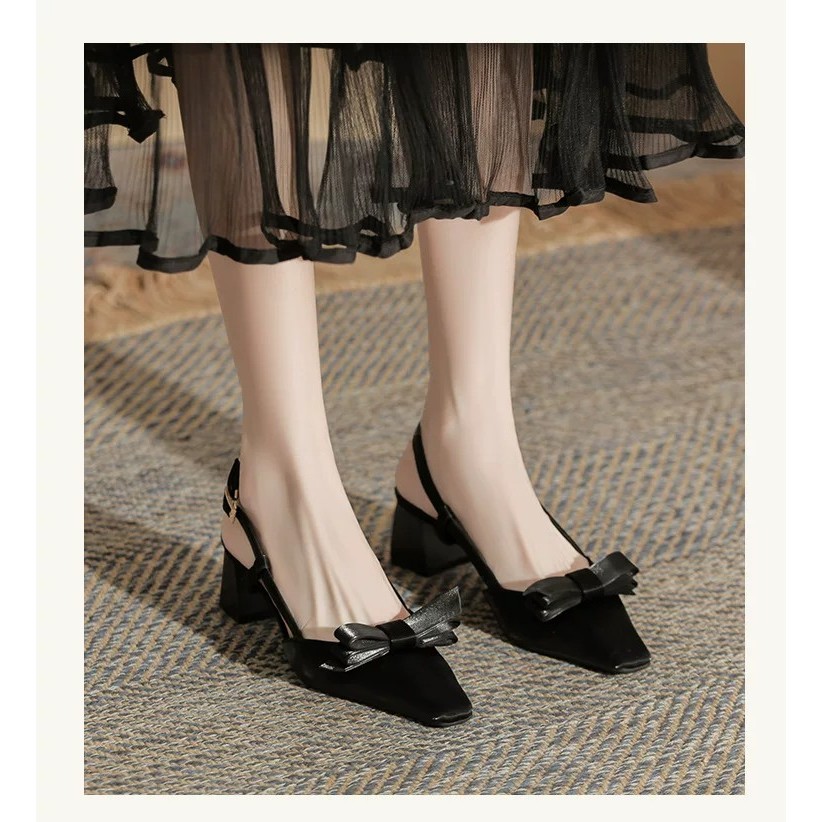 [PY]  Giày sandal nữ cao gót vuông 5cm đính nơ xinh xắn, phong cách công sở & đi chơi