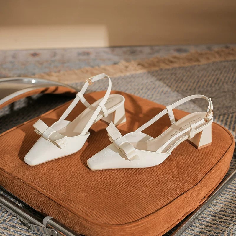 [PY]  Giày sandal nữ cao gót vuông 5cm đính nơ xinh xắn, phong cách công sở & đi chơi
