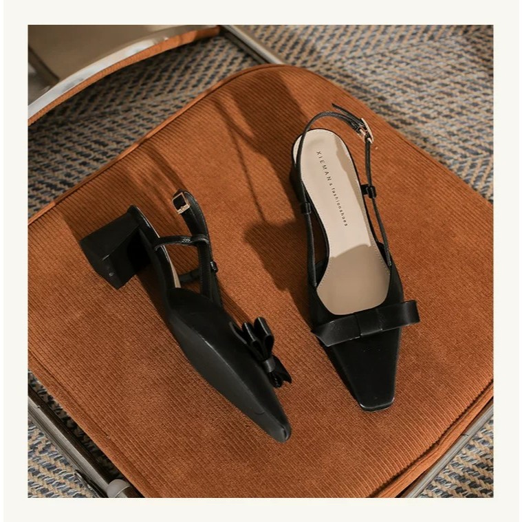 [PY]  Giày sandal nữ cao gót vuông 5cm đính nơ xinh xắn, phong cách công sở & đi chơi