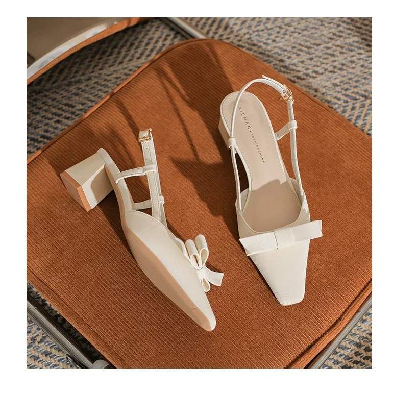 [PY]  Giày sandal nữ cao gót vuông 5cm đính nơ xinh xắn, phong cách công sở & đi chơi