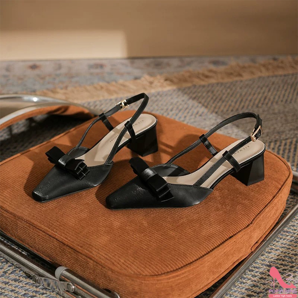 [PY]  Giày sandal nữ cao gót vuông 5cm đính nơ xinh xắn, phong cách công sở & đi chơi