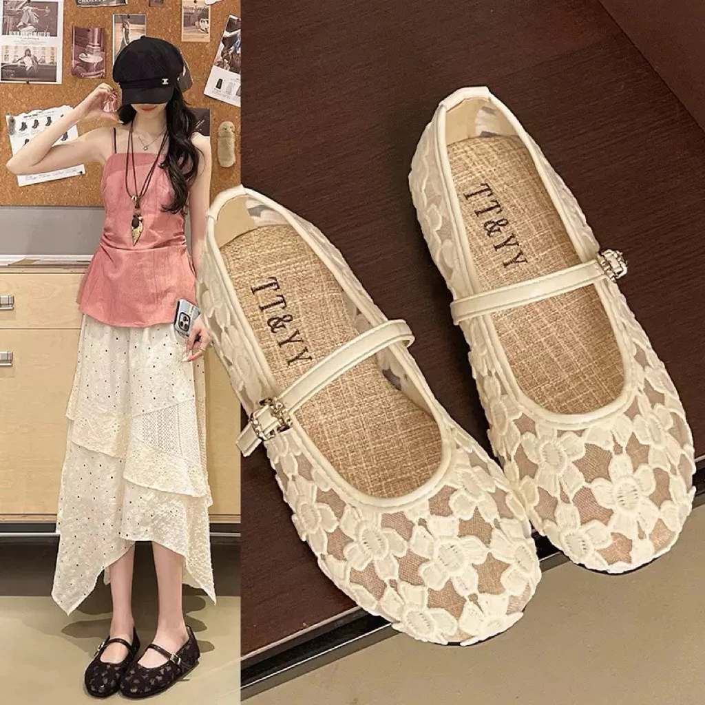 Giày Búp Bê Nữ CCE Ren Lưới Đính Nơ Vintage Hàn Quốc Quai Ngang Tiểu Thư | Tiệm giày Quỳnh Anh