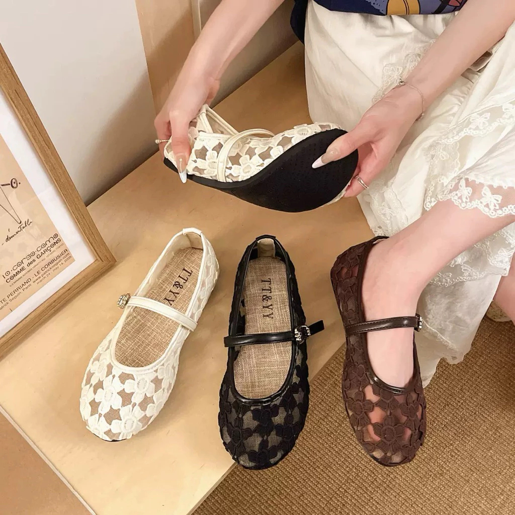 Giày Búp Bê Nữ CCE Ren Lưới Đính Nơ Vintage Hàn Quốc Quai Ngang Tiểu Thư | Tiệm giày Quỳnh Anh