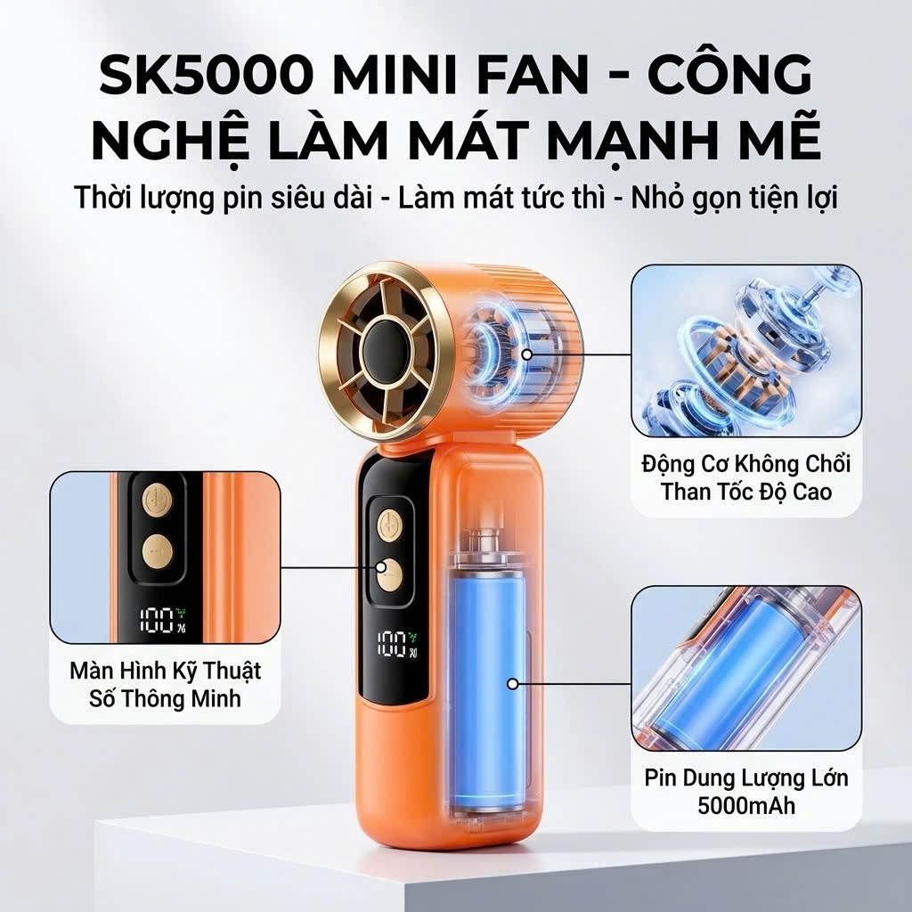 Quạt Cầm Tay Siêu Nhỏ Tốc Độ Cao - Quạt Mini Gió Mạnh, Động Cơ Không Chổi Than, Sạc USB