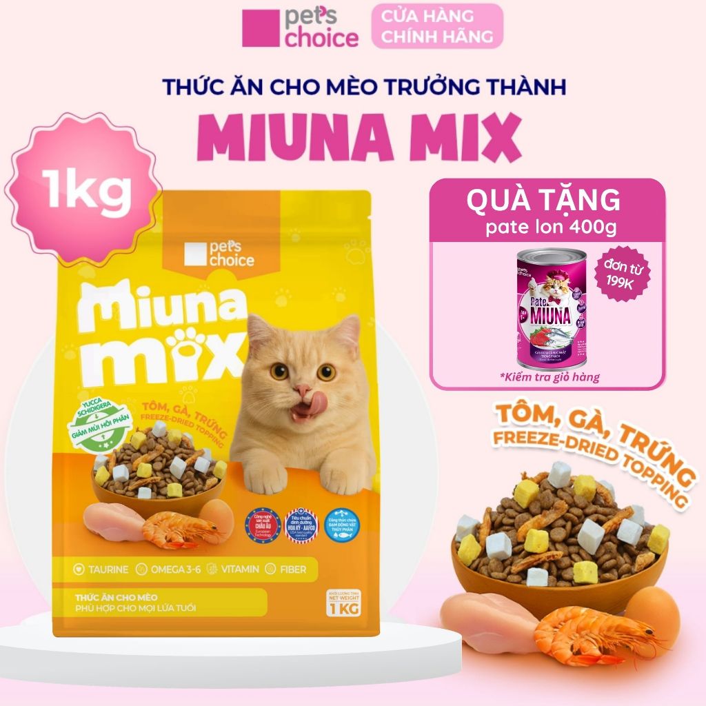 Hạt thức ăn cho mèo trưởng thành MIUNA MIX vị tôm, gà, trứng túi 1kg ...