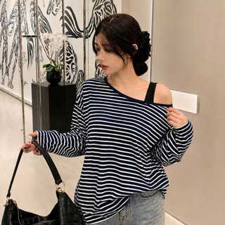 Áo Lệch Vai Bigsize Nữ Kiểu Form Rộng Lệch Vai Kẻ Sọc Ngang Cá Tính Tôn Dáng A319