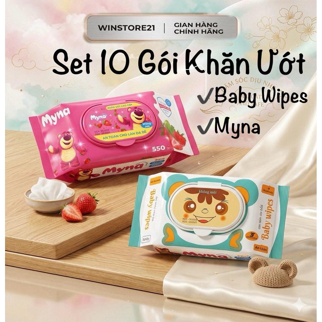 Set 10 Gói Khăn Ướt Gấu -khăn ướt không mùi- khổ to vải bi dày dặn