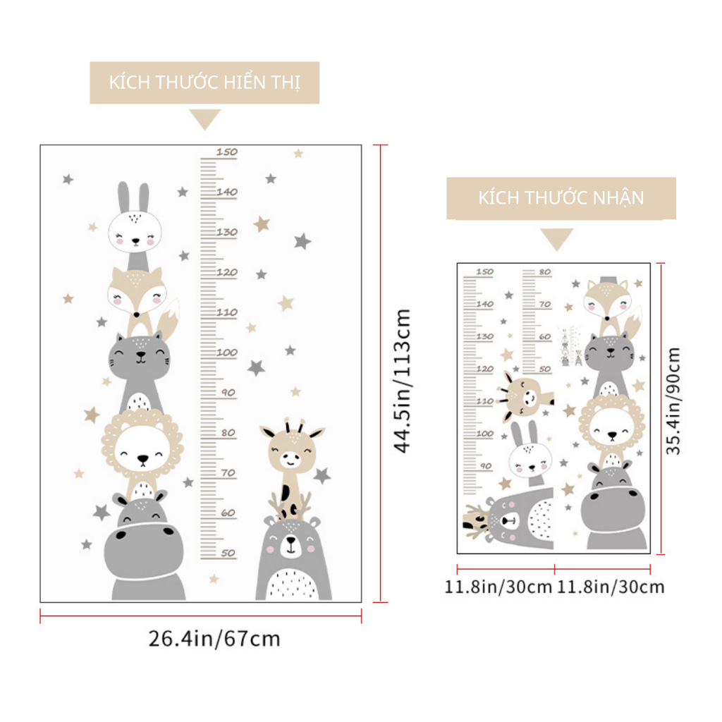 Decal Dán Tường Đo Chiều Cao Nhiều Màu Hình Động Vật Có Keo Sẵn 67x113cm - Trang Trí Phòng Bé