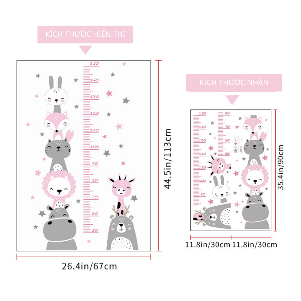 Decal Dán Tường Đo Chiều Cao Nhiều Màu Hình Động Vật Có Keo Sẵn 67x113cm - Trang Trí Phòng Bé