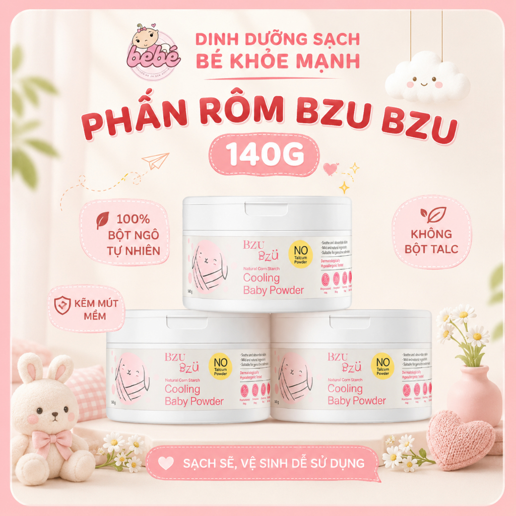 Phấn Rôm Bzu Bzu Baby Cooling Powder 140g, Tinh Bột Ngô Giảm Hăm Rôm Sảy Cho Bé