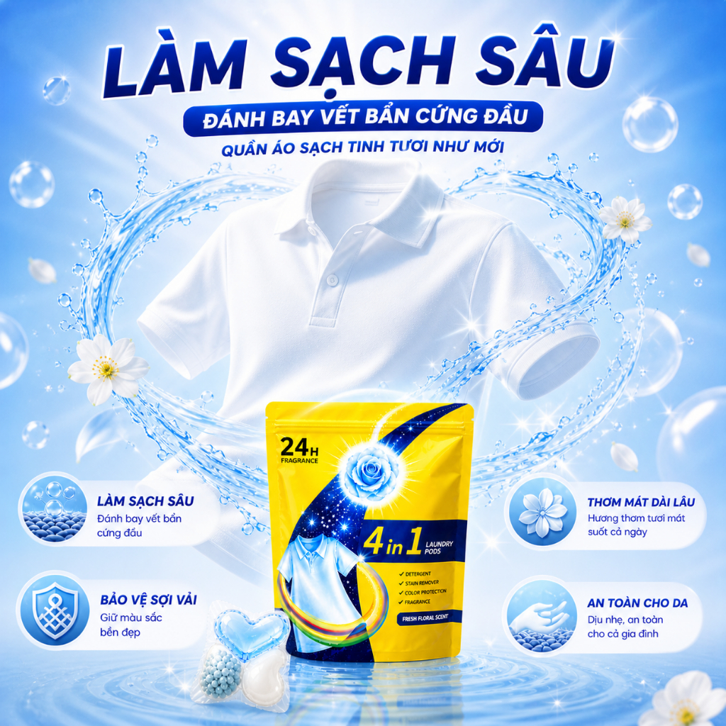 Túi 30 Viên giặt Minho đậm đặc 4in1 thơm lâu 24h, tiện lợi, không cần đong đếm