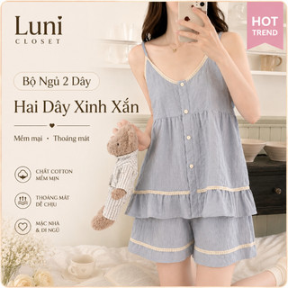[Luni-Order] Đồ Ngủ Nữ 2 Dây Có Mút Ngực Cotton Mây, Set Quần Short Mặc Nhà Mềm Mát Nhiều Màu Sắc và Kích Thước ĐN24