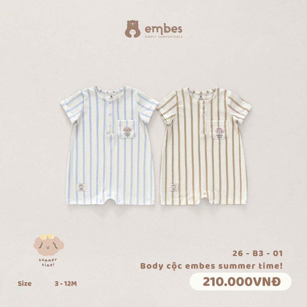 Body Cộc Cho Bé Embes, Body Cộc Tay Khuy Cổ Họa Tiết Kẻ Sọc Phối Túi Cho Bé Trai Bé Gái Từ 0-9 Tháng