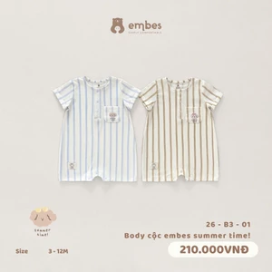 Body Cộc Cho Bé Embes, Body Cộc Tay Khuy Cổ Họa Tiết Kẻ Sọc Phối Túi Cho Bé Trai Bé Gái Từ 0-9 Tháng