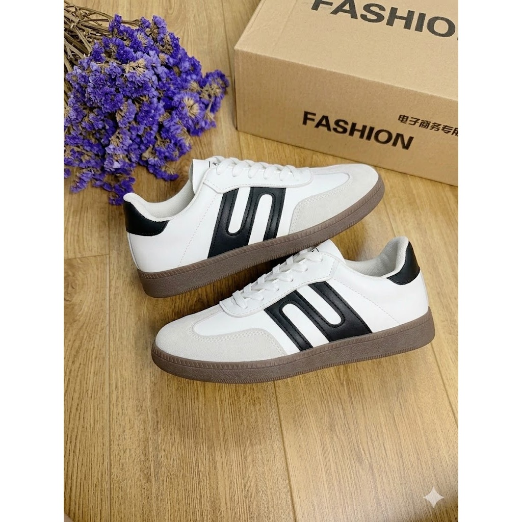 Giày nữ thể thao đế nâu, Giày sneaker vải sọc đen/hồng phong cách Hàn Quốc năng động ôm chân cá tính