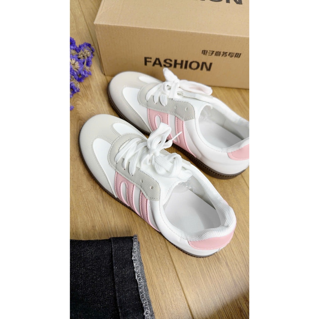 Giày nữ thể thao đế nâu, Giày sneaker vải sọc đen/hồng phong cách Hàn Quốc năng động ôm chân cá tính