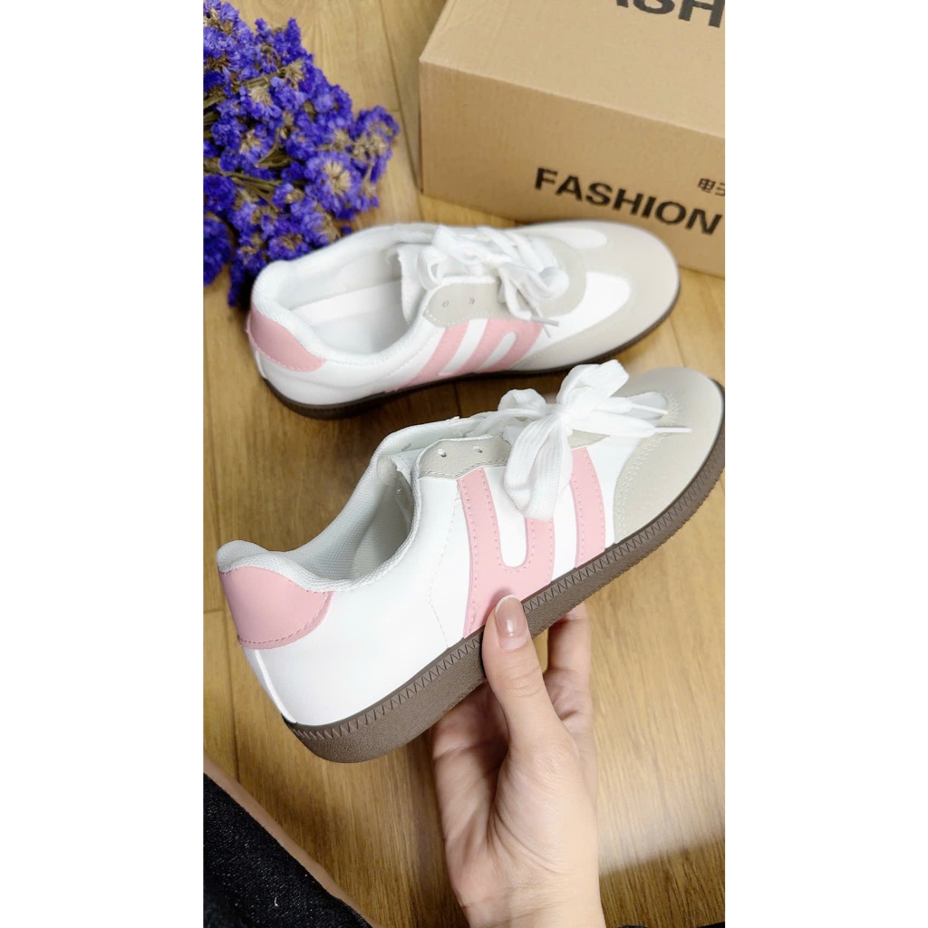 Giày nữ thể thao đế nâu, Giày sneaker vải sọc đen/hồng phong cách Hàn Quốc năng động ôm chân cá tính
