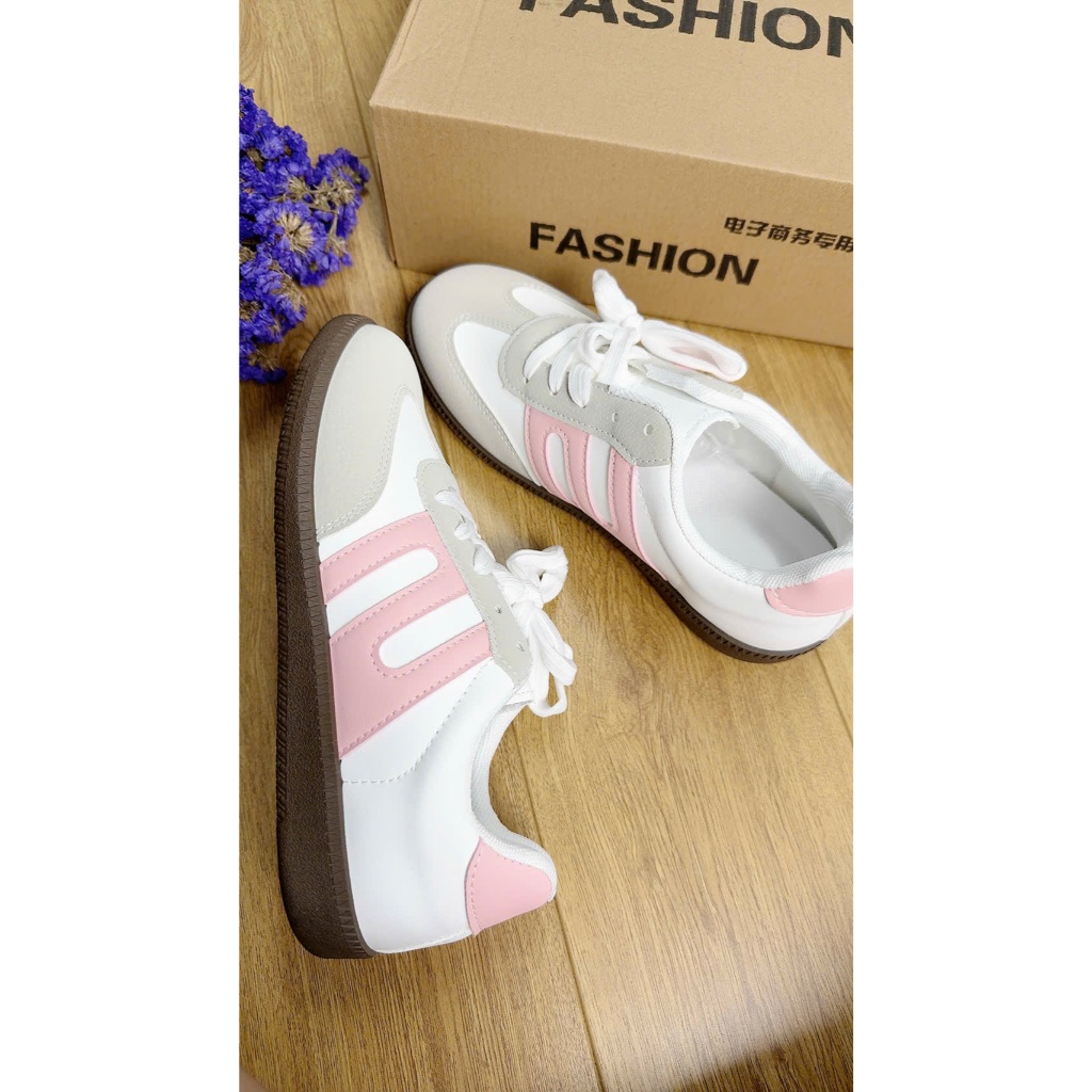 Giày nữ thể thao đế nâu, Giày sneaker vải sọc đen/hồng phong cách Hàn Quốc năng động ôm chân cá tính
