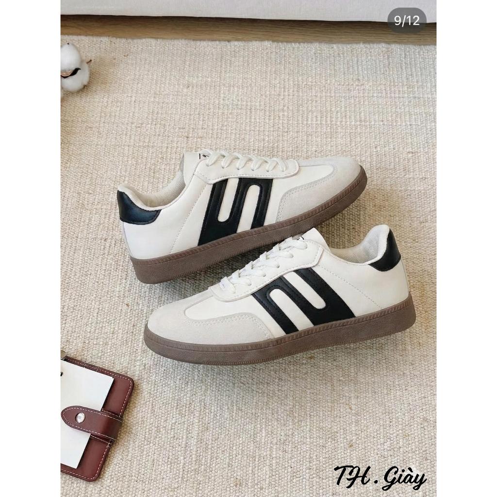 Giày nữ thể thao đế nâu, Giày sneaker vải sọc đen/hồng phong cách Hàn Quốc năng động ôm chân cá tính