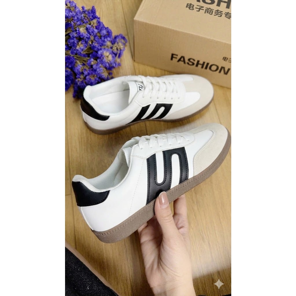 Giày nữ thể thao đế nâu, Giày sneaker vải sọc đen/hồng phong cách Hàn Quốc năng động ôm chân cá tính