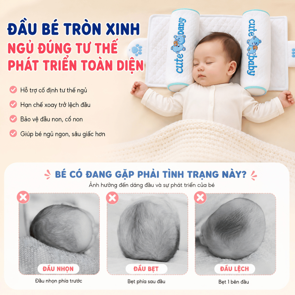 Gối Định Hình Đầu Cho Trẻ Sơ Sinh, Gối Hạt Kê Chống Méo Đầu Chống Giật Mình Cho Bé 0-18M RICHOUSE
