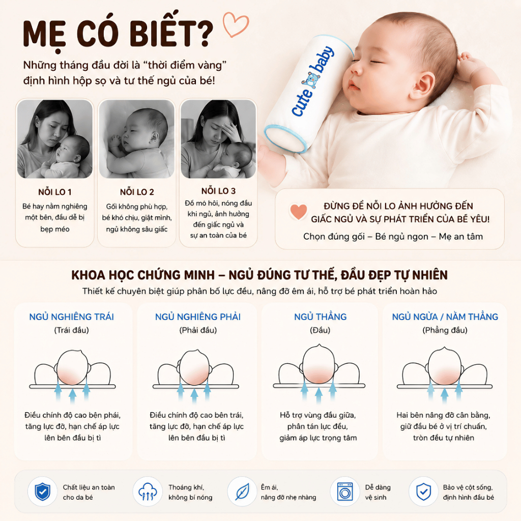 Gối Định Hình Đầu Cho Trẻ Sơ Sinh, Gối Hạt Kê Chống Méo Đầu Chống Giật Mình Cho Bé 0-18M RICHOUSE