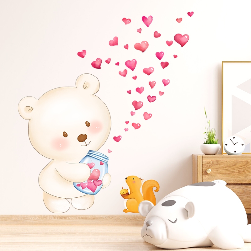 Decal Dán Tường Gấu Trắng Trái Tim Có Keo Sẵn 68x85cm - Trang Trí Phòng Ngủ Cho Bé