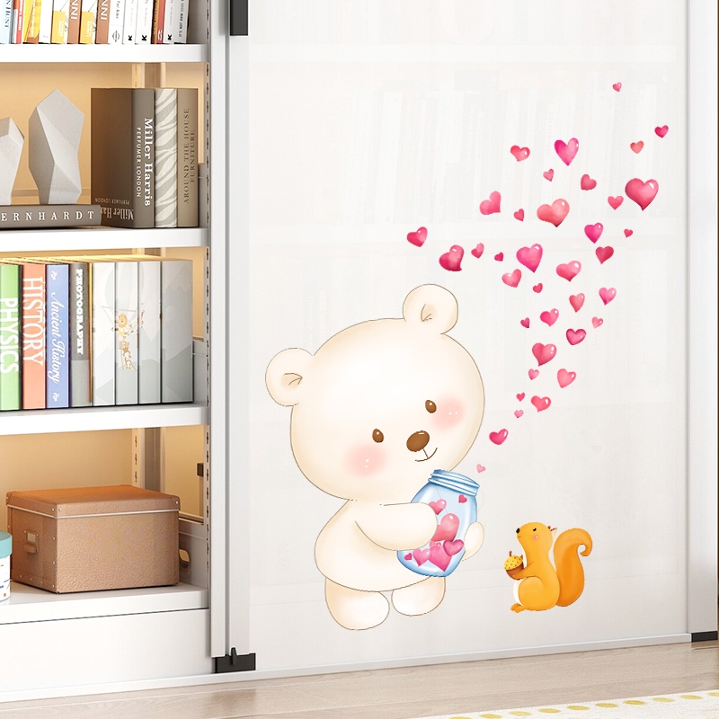 Decal Dán Tường Gấu Trắng Trái Tim Có Keo Sẵn 68x85cm - Trang Trí Phòng Ngủ Cho Bé