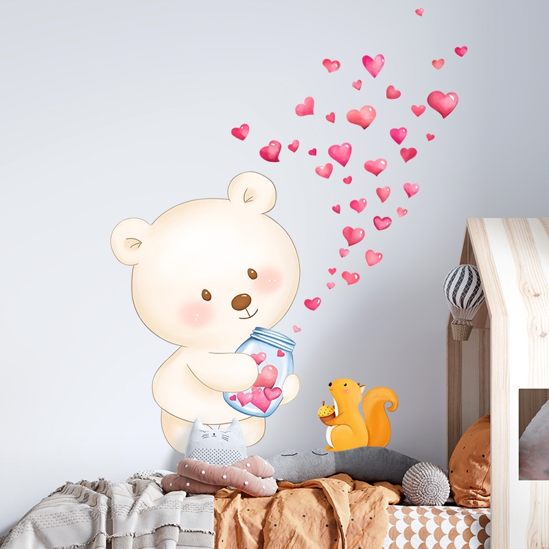 Decal Dán Tường Gấu Trắng Trái Tim Có Keo Sẵn 68x85cm - Trang Trí Phòng Ngủ Cho Bé