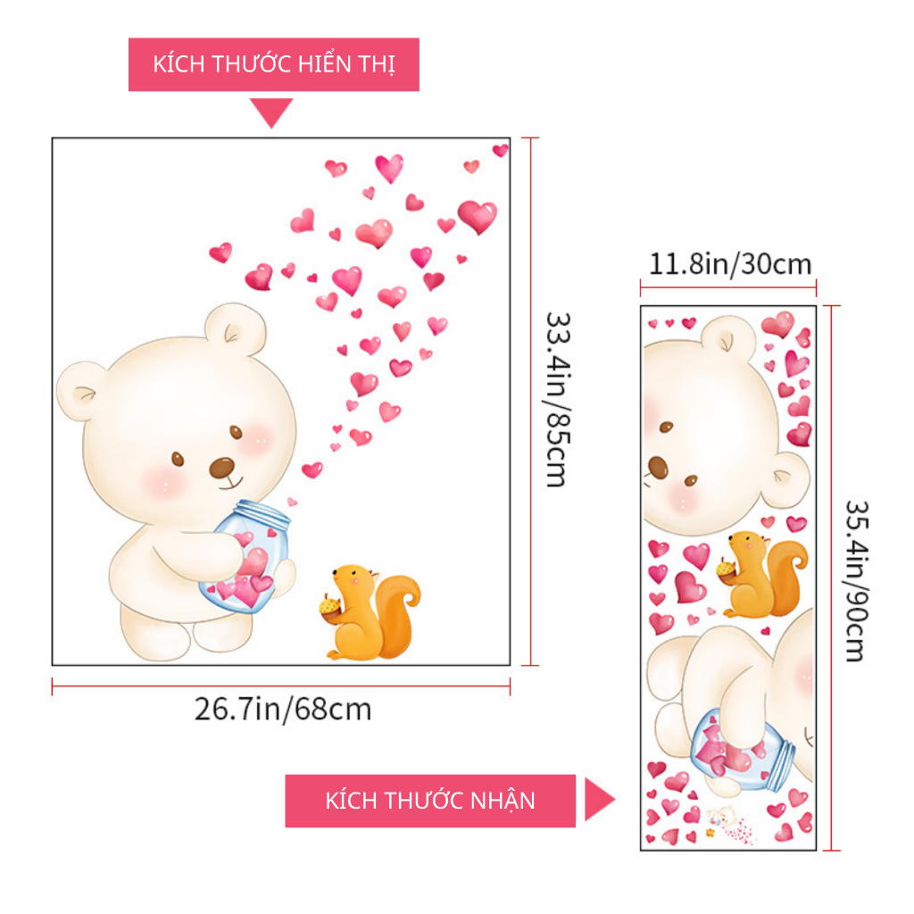 Decal Dán Tường Gấu Trắng Trái Tim Có Keo Sẵn 68x85cm - Trang Trí Phòng Ngủ Cho Bé