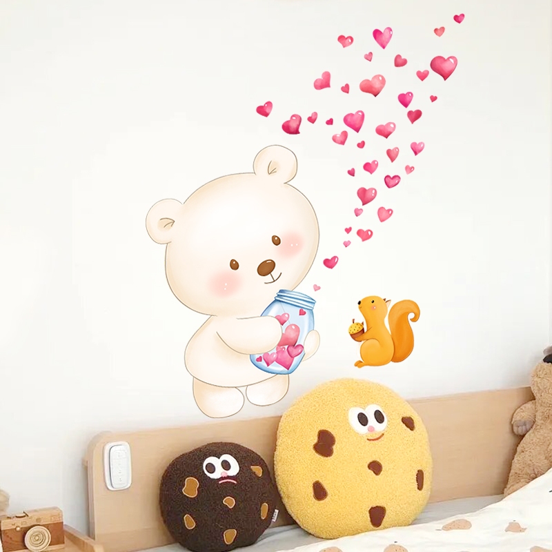 Decal Dán Tường Gấu Trắng Trái Tim Có Keo Sẵn 68x85cm - Trang Trí Phòng Ngủ Cho Bé