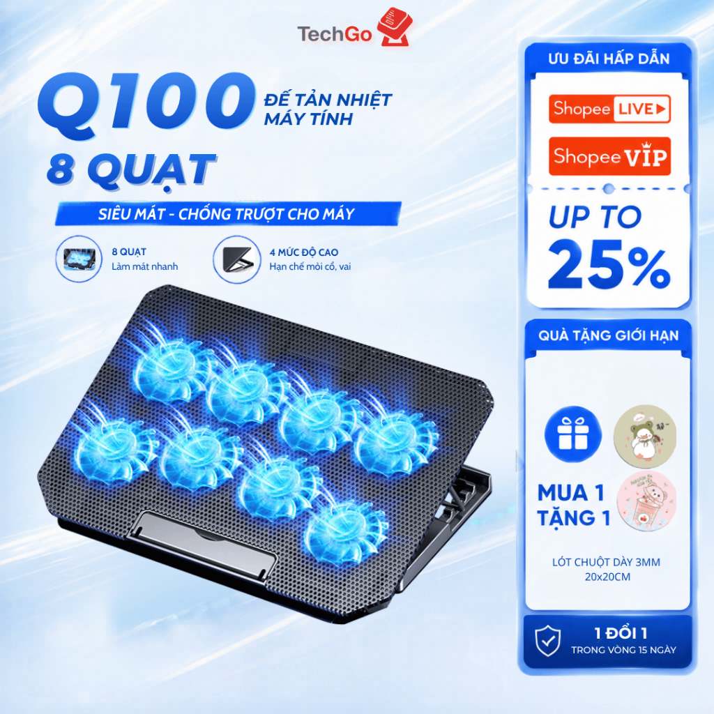 Đế Tản Nhiệt Laptop Q100 8 Quạt Lớn Dành Cho Máy 12-17 Inch, Giá Đỡ Laptop 4 Mức Tùy Chỉnh Độ Cao