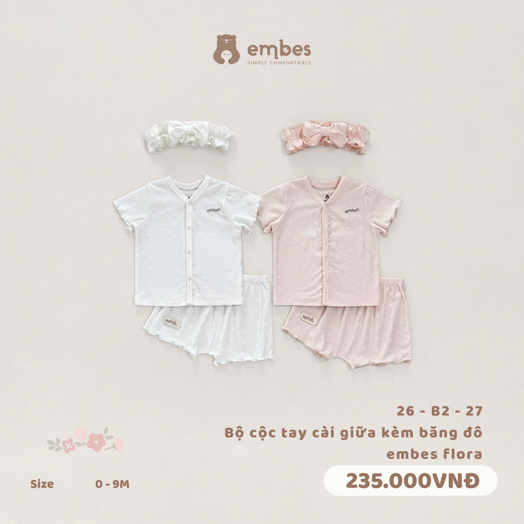 Bộ Bé Gái Sơ Sinh Embes, Bộ Cộc Tay Kèm Băng Đô Vải Dệt Kim Họa Tiết Hoa Cho Bé Gái Size Từ 0-9Tháng