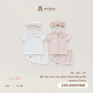 Bộ Bé Gái Sơ Sinh Embes, Bộ Cộc Tay Kèm Băng Đô Vải Dệt Kim Họa Tiết Hoa Cho Bé Gái Size Từ 0-9Tháng
